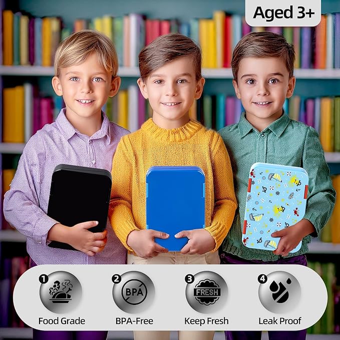 Bento Lunch Box for Kids, 6 Compartments BPA Free, Dishwasher Safe Back to School Snack Bento Lunch Containers Boxes, Ideal Portion Sizes for On-the-Go Meal, Ages 3+, School, Black