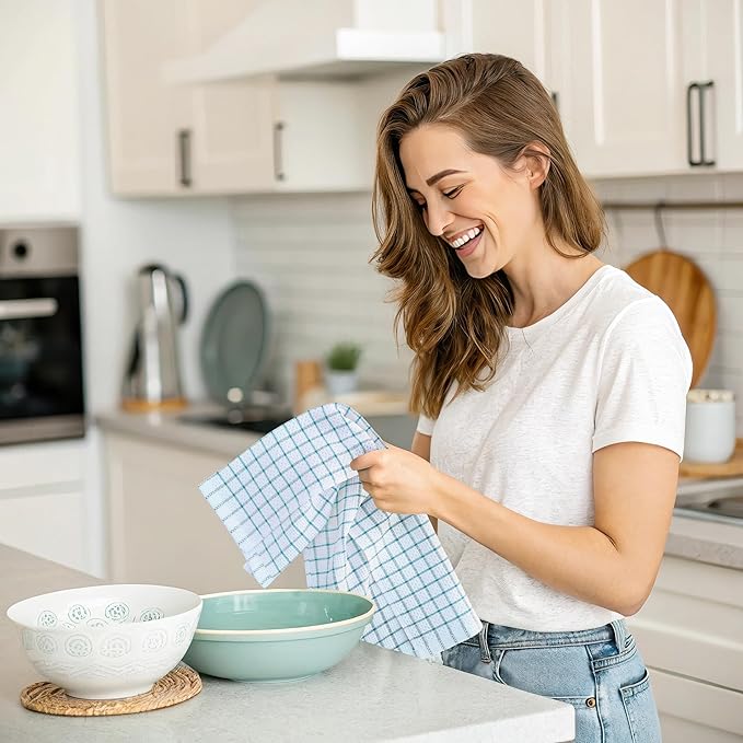 Homaxy 100% Cotton Kitchen Towels 4 Pack-15 X 25 Inches, Check Design Waffle Weave Hand Tea Towels, Super Soft and Absorbent Dish Towel for Drying Dishes, Teal