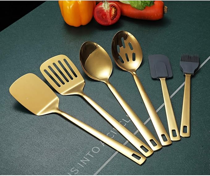 Gold Cooking Spoons, Berglander 6 Pieces Spatula Set Stainless Steel, Metal Spatula, Serving Spoon, Kitchen Tools Set Non-Stick And Heat Resistant, Dishwasher Safe, Easy to Clean (6 Packs)