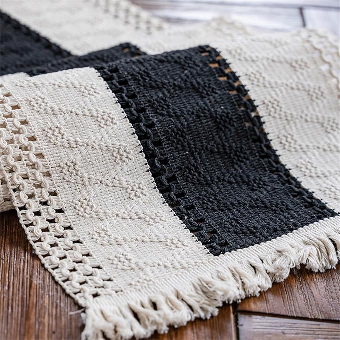 Alynsehom Macrame Table Runner Cream Beige and Black Boho Table Runners with Tassels Hand Woven Cotton Table Runner Rustic Farmhouse Table Runners for Bohemian Kitchen Dining Table(12x108in)