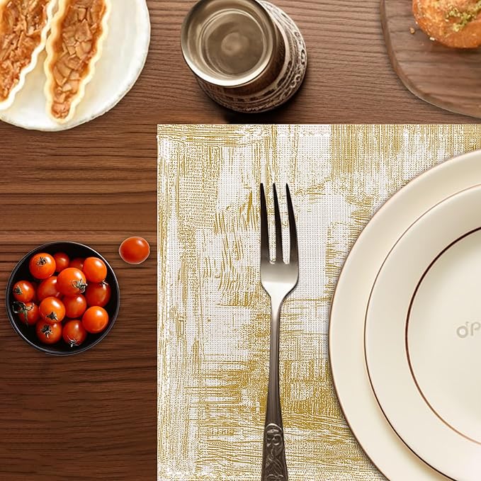 Yellow Beige Placemats Set of 6,Washable Heat Resistant 12×18 Inch Linen Table Mats Modern Place Mats for Party Outdoor Dining Décor