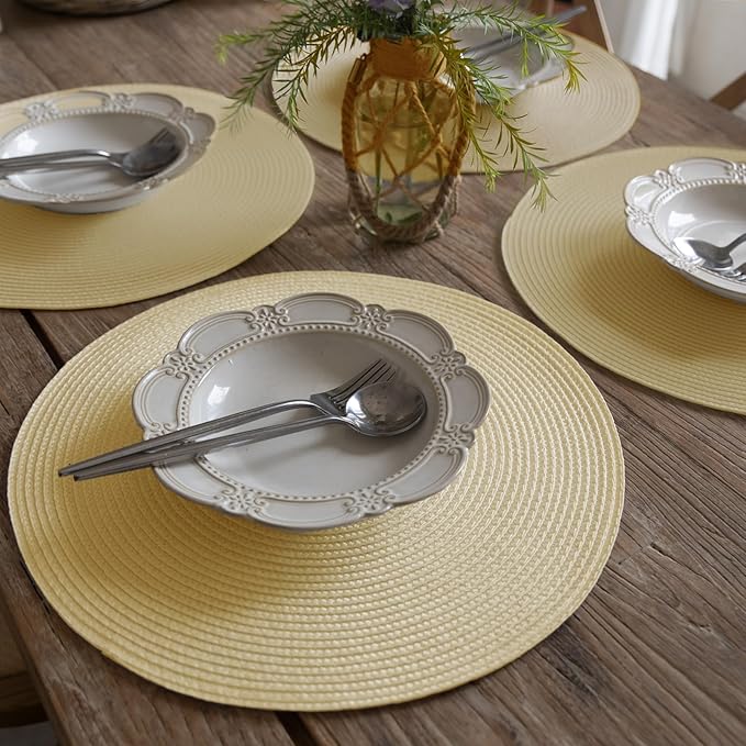 FunWheat Round Braided Placemats Set of 6 Table Mats for Dining Tables Woven Washable Non-Slip Place mats 15 inch(Beige, 6pcs)