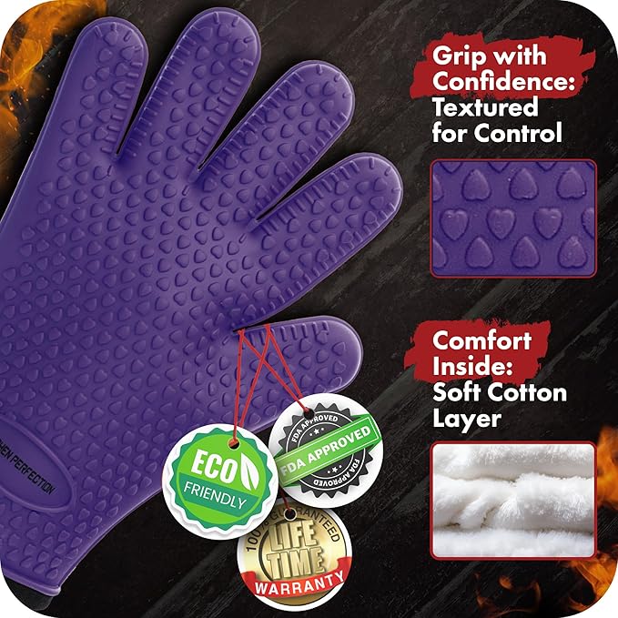 KITCHEN PERFECTION XL Silicone Smoker Oven Gloves -Extreme Heat Resistant BBQ Gloves -Handle Hot Food Right on Your Grill Fryer & Pit | Waterproof Oven Mitts Grill Gloves |Superior Value Set+3 Bonuses
