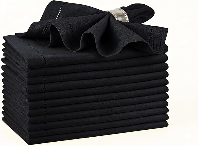 Palisa Black Cotton Napkins Set of 12 | Premium Hemstitch Detailing Cloth Dinner Napkins 18x18 Inch | Soft Washable & Reusable Table Napkins for Everyday Use Weddings Parties Restaurants & Hotels