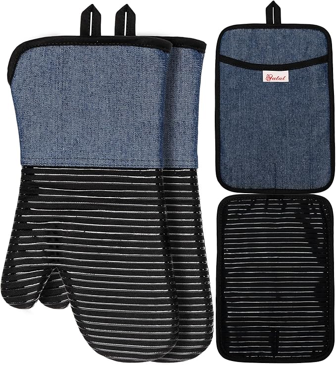 Yutat Oven Mitts, Pot Holders Set of 4 Made with Pure Cotton and Food Grade Non-Slip Silicone - 500 F Heat Resistant Oven Mitts and Pot Holders Sets for Kitchen Cooking (4pcs Set, Black and Denim)