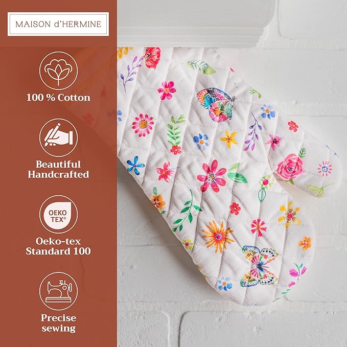 Maison d'Hermine Oven Gloves 100% Cotton Oven Mitt 7" x 13" with Loop Heat Resistant BBQ Cooking Gloves Baking Grilling Gifts for Mothers Day Spring/Summer (Pack of 1, Happy Florals - Sweety)