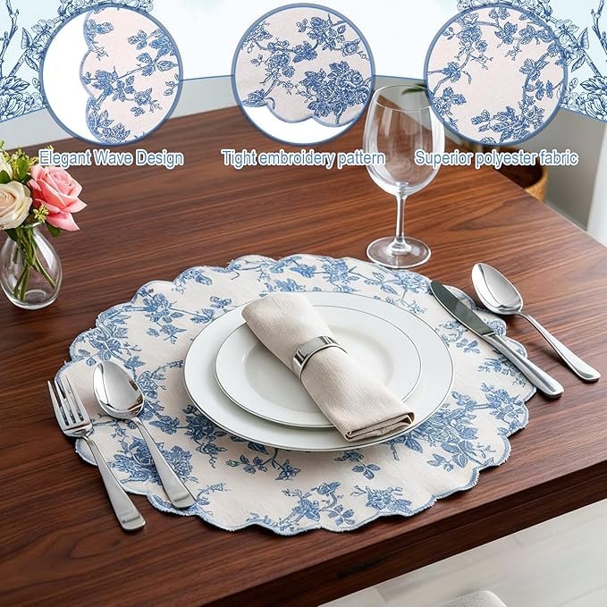 Set of 6 Round Placemats 15 Inch Cotton Scalloped Embroidery Placemat Washable Double Layered Rustic Dinner Table Mat Decor Fabric for Hotel Restaurant Kitchen(Floral/Blue,Classic)