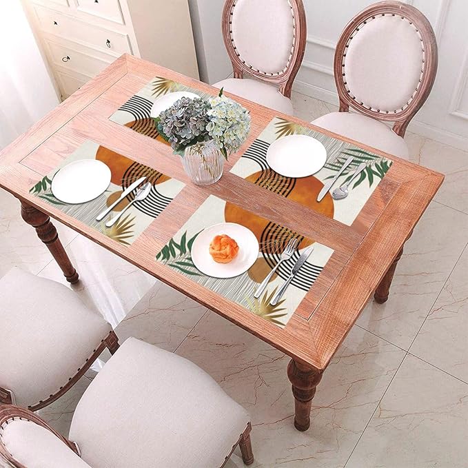 Mid Century Placemats Set of 4,12x18 Inches Boho Orange Green Tropical Leaf Decorative Placemats Modern Rectangle Table Mats for Party Home Kitchen Dining Table Decoration