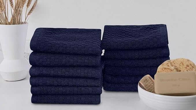 COTTON CRAFT Waffle Weave Wash Cloth - 12 Pack Luxurious Pure Ringspun Cotton Euro Spa Bathroom Face Towel - Absorbent Quick Dry Gym Shower Bath Kitchen Travel - 12x12 inches - Navy