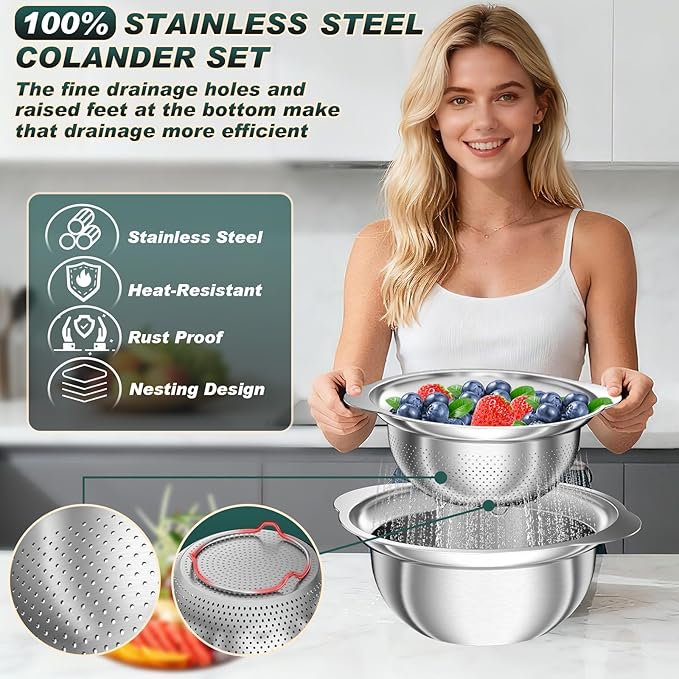 Stainless Steel Colanders with Mixing Bowl - 2.0QT & 2.0QT Strainer and Colander with Handle, 3.0QT Nesting Kitchen Bowl with Colander For Pasta, Vegetables, Fruit, Rice, 3PCS