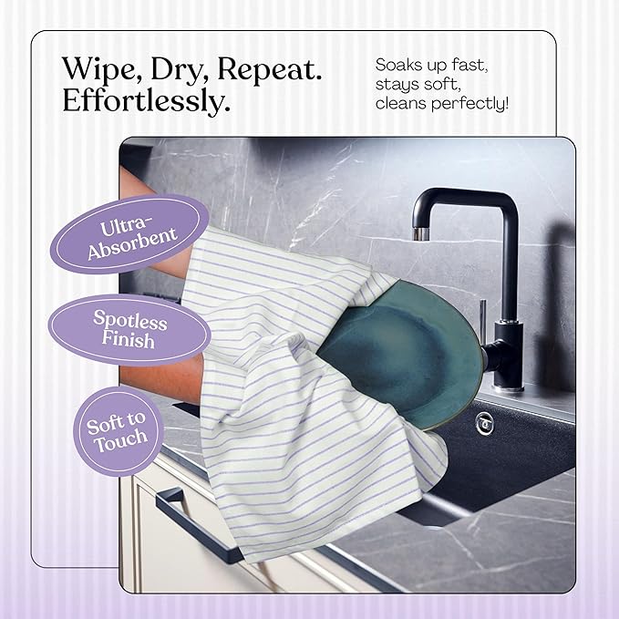 Multi Colors Kitchen Towels 3 Pack, 100% Cotton, Classic Striped Towel Set, Super Absorbent & Durable Dishcloths, Quick Drying for Drying Dishes - Turquiose Blue, Green, Lavender
