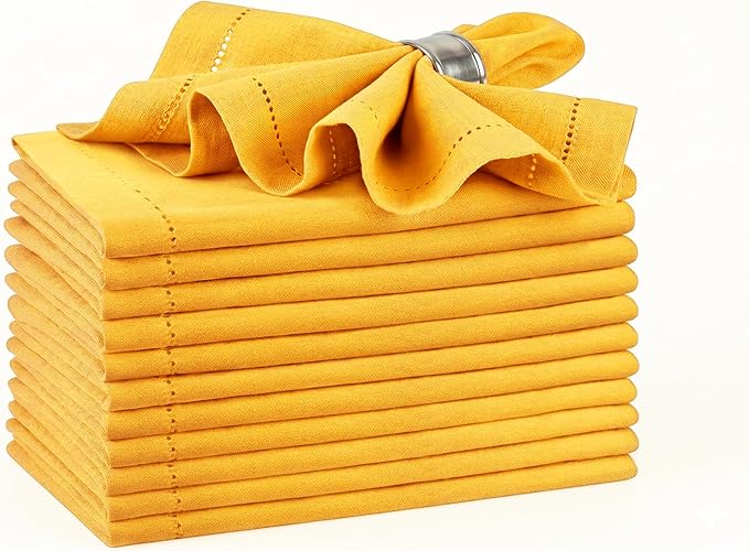Palisa Mustard Cotton Napkins Set of 12 | Premium Hemstitch Detailing Cloth Dinner Napkins 18x18 Inch | Soft Washable & Reusable Table Napkins for Everyday Use Weddings Parties Restaurants & Hotels