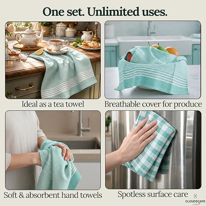 CLOUDSCAPE Kitchen Towels Set of 6 : Cotton-Blended Dish Cloths, Waffle Weave Quick-Drying Dish Towels for Easter Kitchen Accessories, Highly Absorbent, 18”x28” Hand Towels with Hanging Loop - Aqua