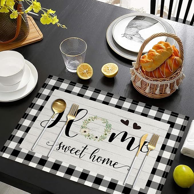 Buffalo Plaid Placemats Set of 4 Black White Place Mats Farmhouse Sweet Home Kitchen Table Mats - Linen Fabric Heat Resistant Machine Washable Placemats for Dining Coffee Table 12x18Inch