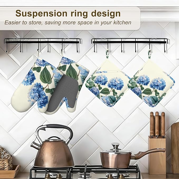 Blue Hydrangea Flower Spring Oven Mitts and Pot Holders Set of 4,Heat Resistant Non Slip Kitchen Gloves Hot Pads,Chef Cooking Baking Gifts for Women Bakers,Kitchen Cooking Lover Cooks