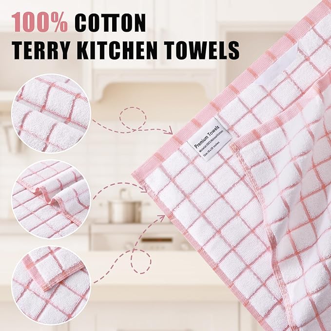Homaxy Premium Kitchen Towels(16”x 28”, 8 Pack), Large Ring Spun Cotton Dish Towels, Super Absorbent Soft Terry Kitchen Hand Towels, Check Design Tea Towel Set with Hanging Loop, Pink