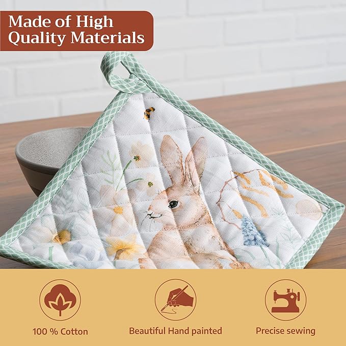 Maison d' Hermine Pot Holders 100% Cotton Heat Resistant Potholders 8" x 8" Hot Pads with Loop BBQ Cooking Baking Gifts for Mothers Day Handling Hot Pans Spring/Summer (Pack of 2, Easter Dew)