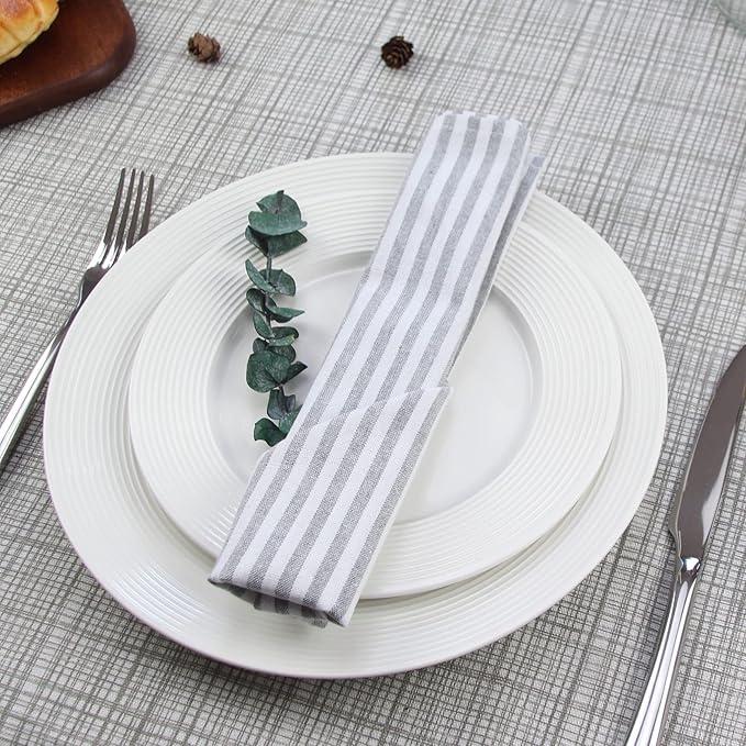 Plain Striped Cotton Linen Blended Dinner Cloth Napkins - Set of 12 (40 x 30 cm) - for Events & Home Use (Grey)