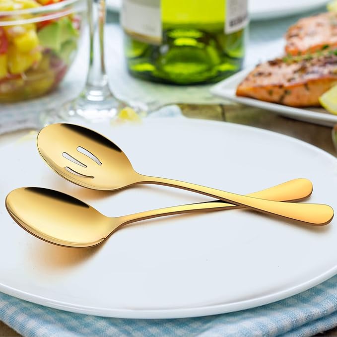 LIANYU 6-Piece Gold Serving Spoons, Stainless Steel Gold Slotted Spoons, Serving Utensils for Party Buffet Restaurant Banquet Dinner Catering, 8 3/4 Inch, Dishwasher Safe