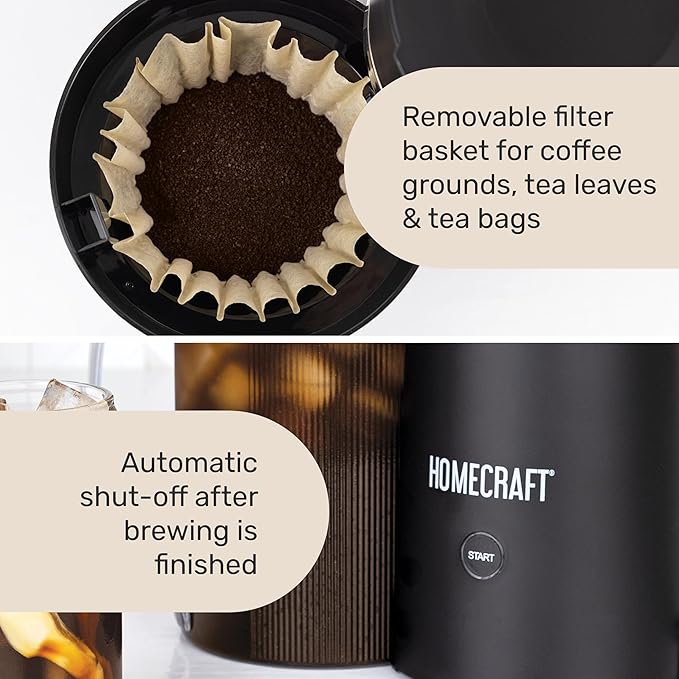 Homecraft Iced Tea Maker & Cold Brew Coffee Machine – 2 Quart Double Insulated Pitcher, Steeping Basket, – Makes Fuit Infused Teas & Iced Lattes – Black