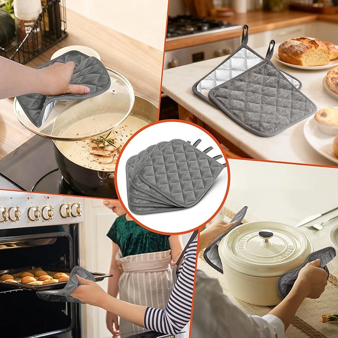5 Pack Pot Holders for Kitchen Heavy Duty Hot Pads, Hot Pads for Kitchen,8 Inch Square Potholders for Cooking, Baking & Grilling (Grey)