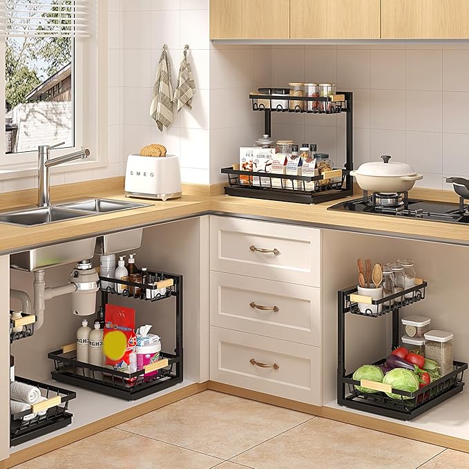 Sevenblue 2 Packs Under Sink Organizer, Height Adjustable 2 Tier Under Kitchen Sink Organizer, Multi-Purpose Storage Shelf for Kitchen Bathroom Cabinet (Black, Large)