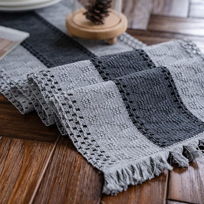 Alynsehom Macrame Table Runner Grey Boho Table Runners with Tassels Hand Woven Cotton Table Runner Rustic Farmhouse Table Runners for Bohemian Kitchen Dining Table(12x108in)