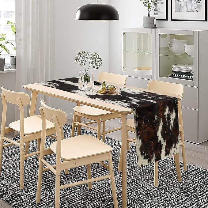 Cow Skin Print Table Runner, Rustic Cottage Country Farm Animal Fur Skin Western Style Black Brown Cowhide Print Dinner Runner for Home Kitchen Dining Table Decoration 13"x108"