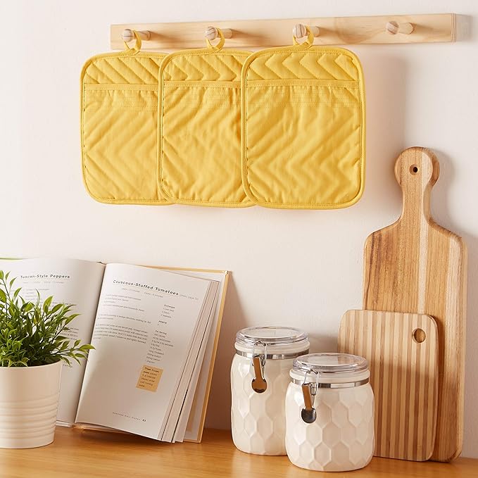 DII Heat Resistant Quilted Cotton Pot Holder Set, Designed with Space to Personalize Allowing a Customized Design, 7x9, Yellow, 3 Count