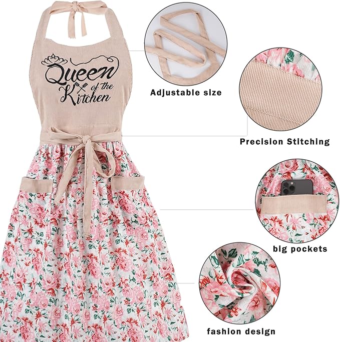 Cute Floral Aprons for Women with Pockets,Cotton Adjustable Neck Strap Apron for Kitchen Cooking Baking Gardening