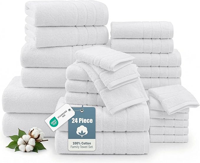 24 Piece Towels for Bathroom – 100% Cotton Bath Towel Set, 2 Bath Sheet, 2 Bath, 2 Gym Towel, 4 Fingertip, 6 Hand, 8 Washcloth, Ideal for Hotel & Everyday Use, Remains Soft After Every Wash – White