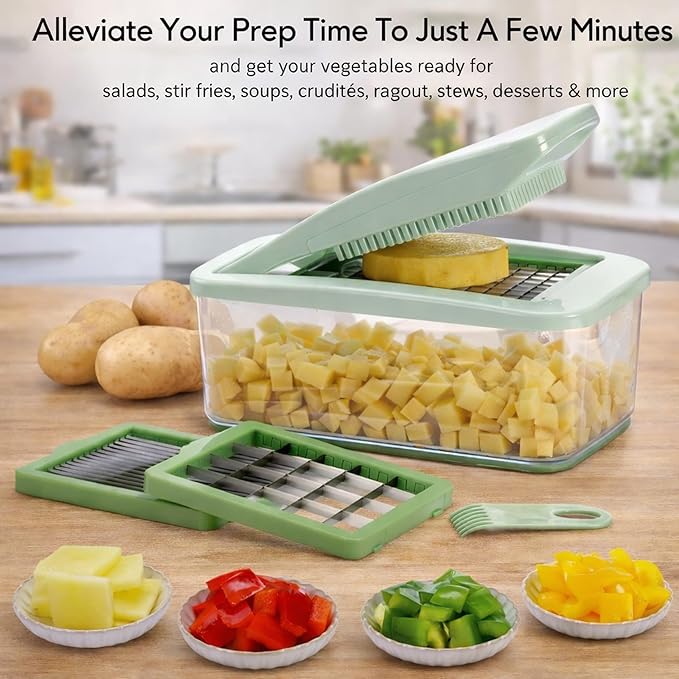 Brieftons QuickPush Food Chopper: Vegetable Dicer Slicer, Onion Cutter, 3 Extra-Large Blades with 200% More Cutting Area to Chop Dice Slice Vegetables, 2.6-Quart Container