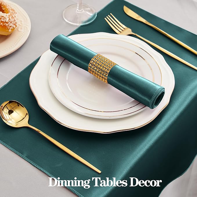 RUDONG M 100 Pcs Dark Green Satin Napkins and Napkin Rings Set, 17 x 17 Inch Square Cloth Napkins Set of 50, Silky Soft Table Napkins Bulk for Weddings, Banquet, Parties Dinner Decoration