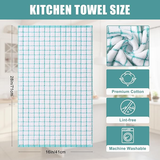 Homaxy Premium Kitchen Towels(16”x 28”, 8 Pack), Large Ring Spun Cotton Dish Towels, Super Absorbent Soft Terry Kitchen Hand Towels, Check Design Tea Towel Set with Hanging Loop, Aqua