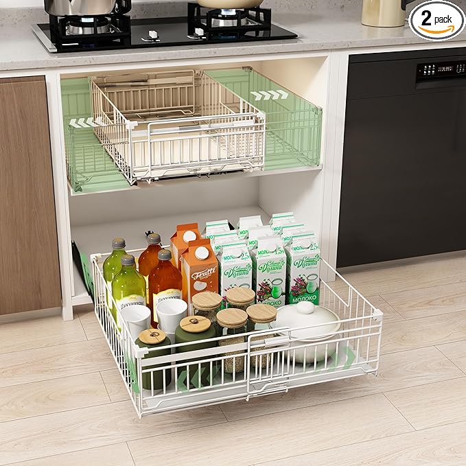 NETEL 2 Pack Expandable Pull Out Cabinet Organizer, Raised 6.69" guardrail, Adjustable Width 13"-20.07", 3 Rails No Drill Adhesive Peel And Stick, Adhesive Pull Out Drawers for Cabinets, White
