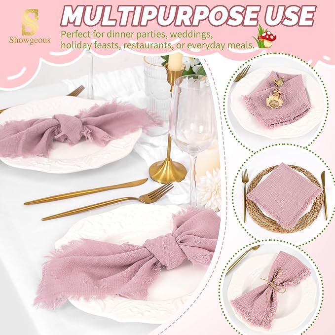 Showgeous 30 Pack Dusty Rose Cloth Napkins with Fringe 16x16 inch 100% Cotton Napkins Handmade Dinner Napkins Bulk Washable Soft Rustic Table Napkins for Wedding Parties Bridal Baby Shower
