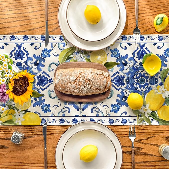 Artoid Mode Lemon Blue and White Porcelain 210 GSM Summer Table Runner, Seasonal Spring Kitchen Dining Table Decoration for Home Party Decor 13x48 Inch