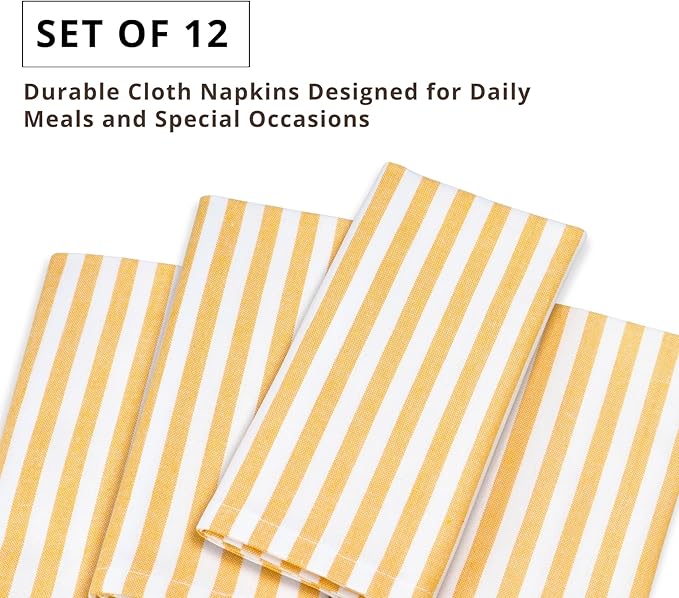 PurpleEssences Plain Striped Cloth Napkins - Set of 12-100% Cotton - 18 x 18 Inch - Spring Easter Summer and Perfect Everyday Use Dinner Napkin - Golden Yellow White