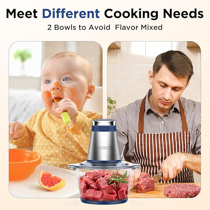 KOIOS Food Processor, 500W Electric Food Chopper with 2 Bowls (8 Cup+8 Cup) & 2 Bi-Level Blades&, Small Electric Grinder Meat Processor for Nuts, Meat, Onion, Garlic, Baby Food, Blue