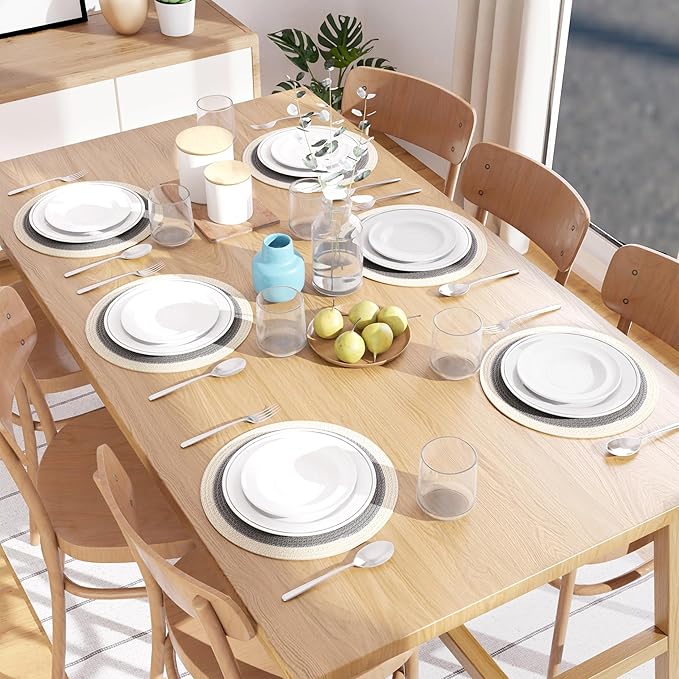Encasa XO Dining Placemats Set of 6 | Cotton Round Table Mat - 13 in Diameter | Light Grey & Off White | Handmade Rib Style Chargers for Dinner Plates