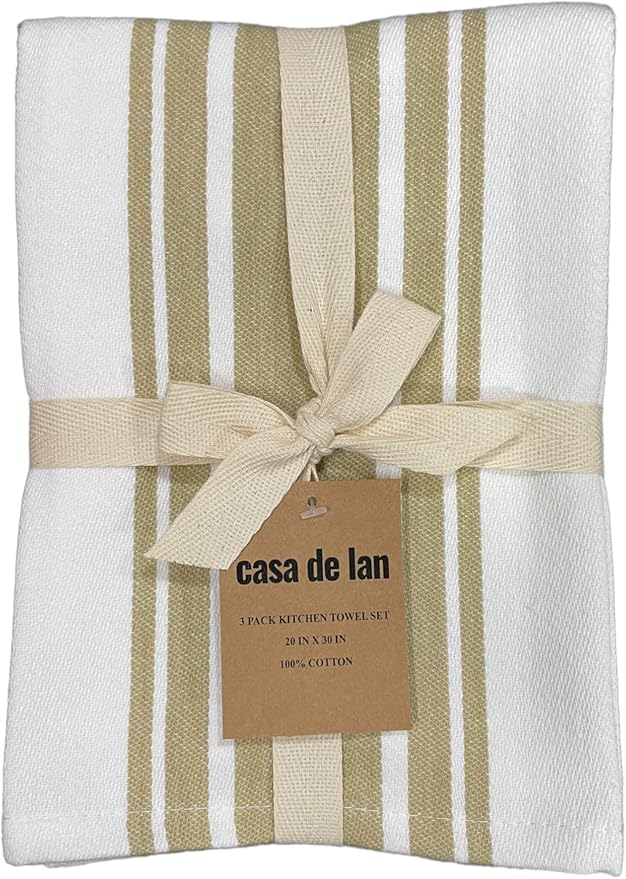 Kitchen Towels Set – Pack of 3 (20’’ x 30’’) Extra Large Premium Cotton Dish Towels for Kitchen – Super Striped Towels – Absorbent – 100% Cotton – with Hanging Loop – Taupe