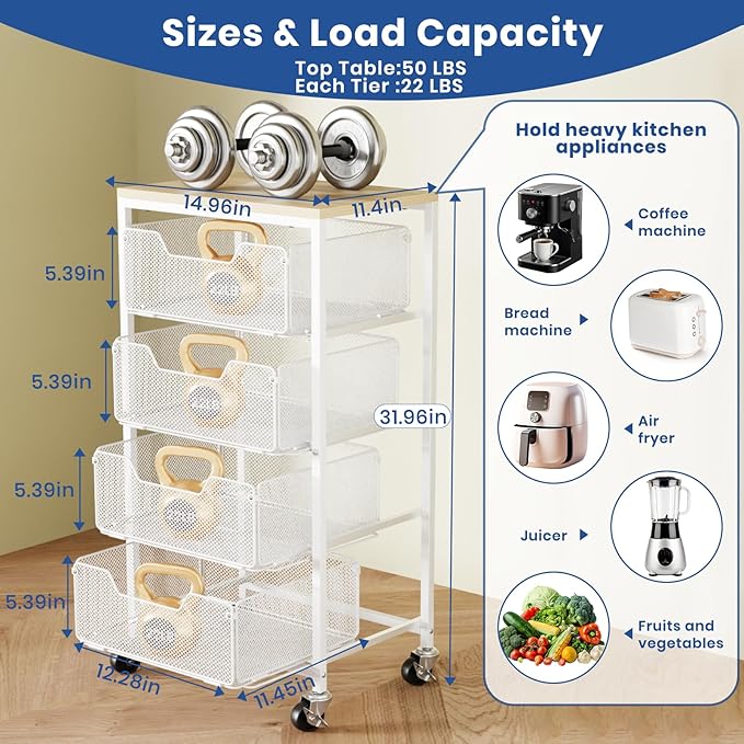 Goovilla Kitchen Cart with Drawers, 4 Tier Metal Rolling Utility Cart Organizer on Lockable Wheels with Wooden Top, White Fruit Vegetable Storage Rack Also for Cans, Snack, Craft, Art, Office, Beauty