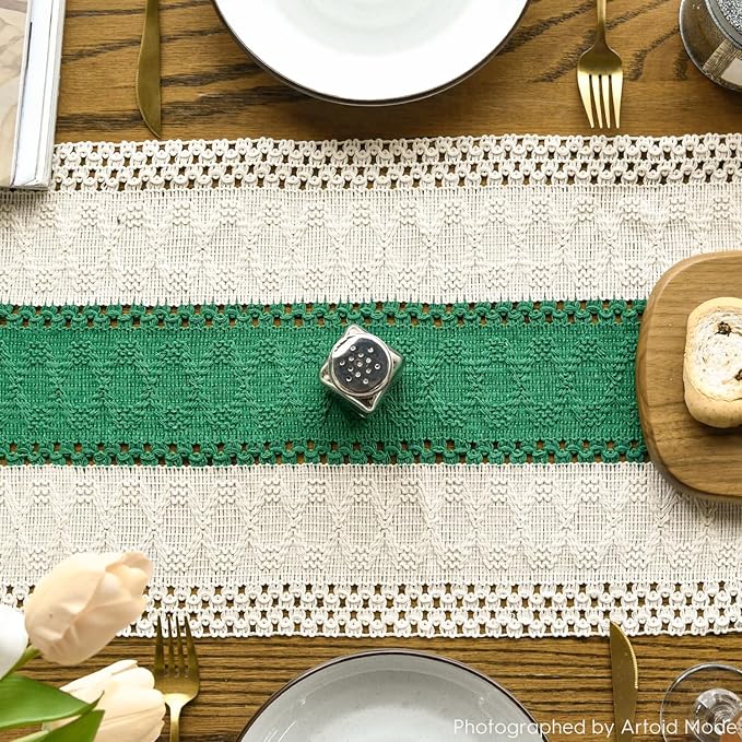Artoid Mode Dark Green Farmhouse Rustic Table Runner, Seasonal Holiday Hollow Kitchen Dining Table Decoration for Home Party Decor 12x108 Inch