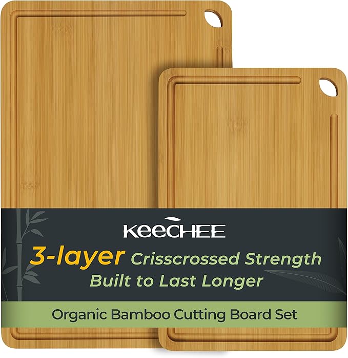 Keechee Chopping Board 2-Pcs Natural Bamboo Cutting Board With Juice Channels & Knife-Friendly Finish For Versatile Kitchen Use, Ideal Charcuterie & Chopping Multi-Use