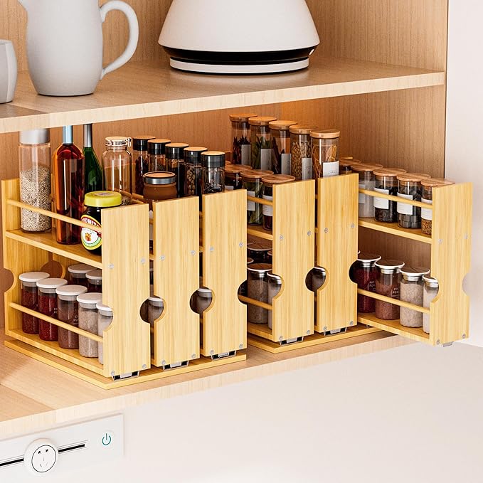 Jolitac Bamboo Pull Out Spice Rack for Cabinet, Slide Out Drawers, Space-Saving Seasoning Kitchen Pantry Sliding Vertical Organization, Easy to Install, 6" Wide, 2 Drawers(1.85" Wide), 2-Tier