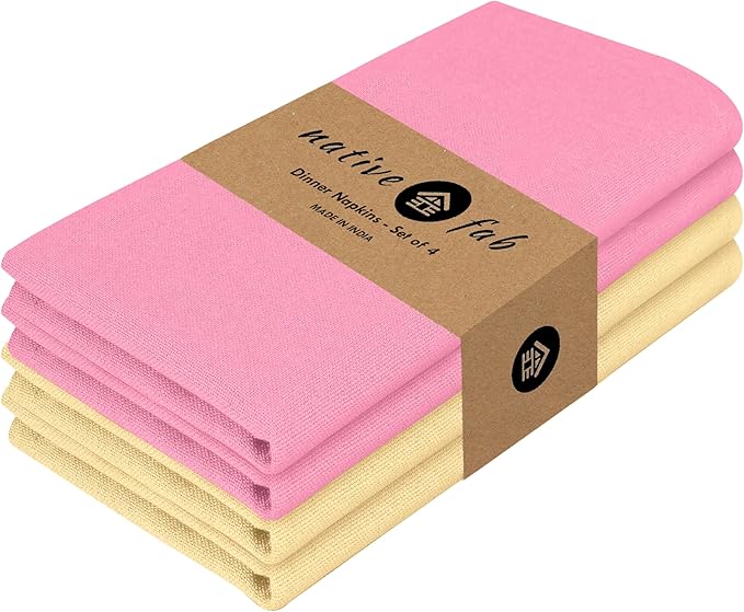 Native Fab Easter Cloth Dinner Napkins, 4 Pack, 100% Cotton, 17x17 Inches, Soft, Absorbent, Reusable Table Linen, Perfect for Easter Brunch, Spring Parties, Everyday Meals, Baby Pink & Pale Yellow