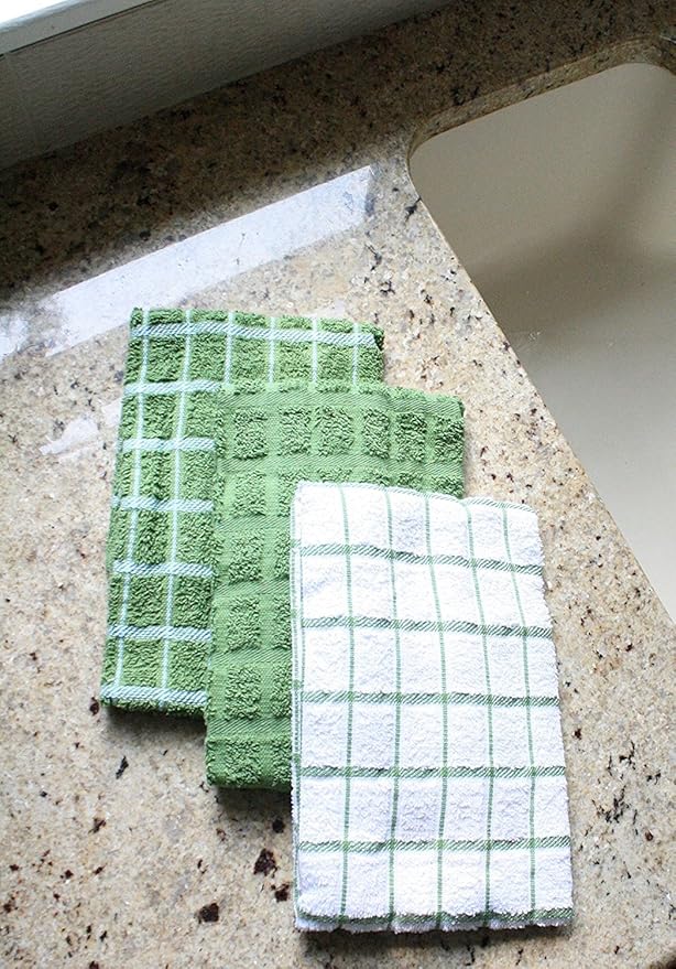 Ritz Premium 100% Cotton Terry Check Kitchen Dish Towels - Highly Absorbent, Super Soft, Long-Lasting, 25"x15", 3-Pack, Cactus Green