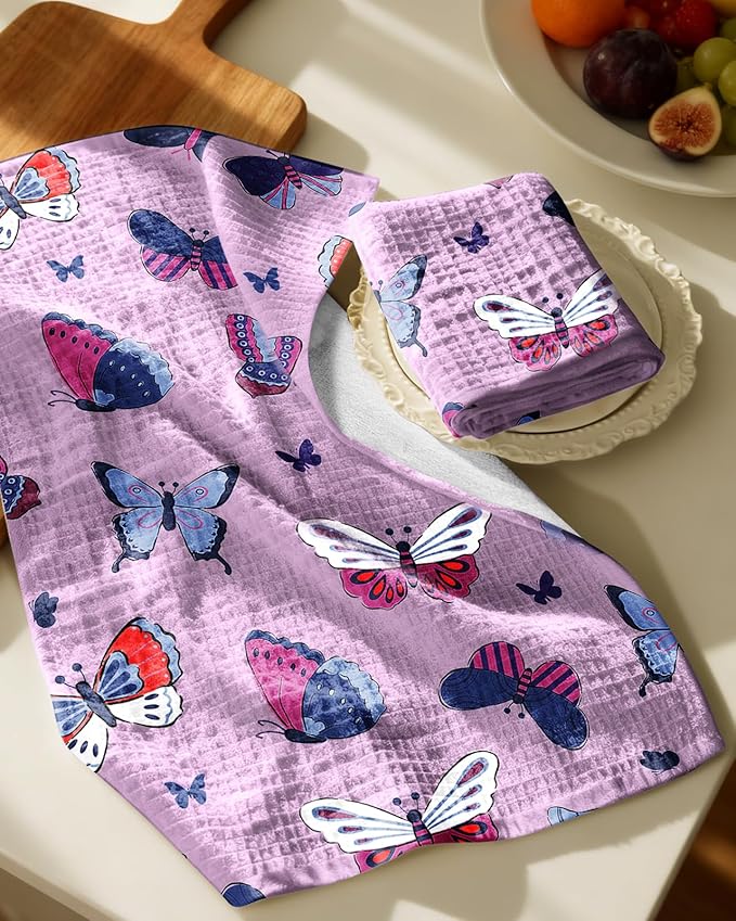 Miss Adola Cotton Waffle Kitchen Towels – Cute 370 GSM 16x25 Inch Terry Cloth Waffle Decorative Dishcloth for Kitchen Set of 2 with Hanging Loops Absorbent Hand Tea Towel for Home Design, Butterfly