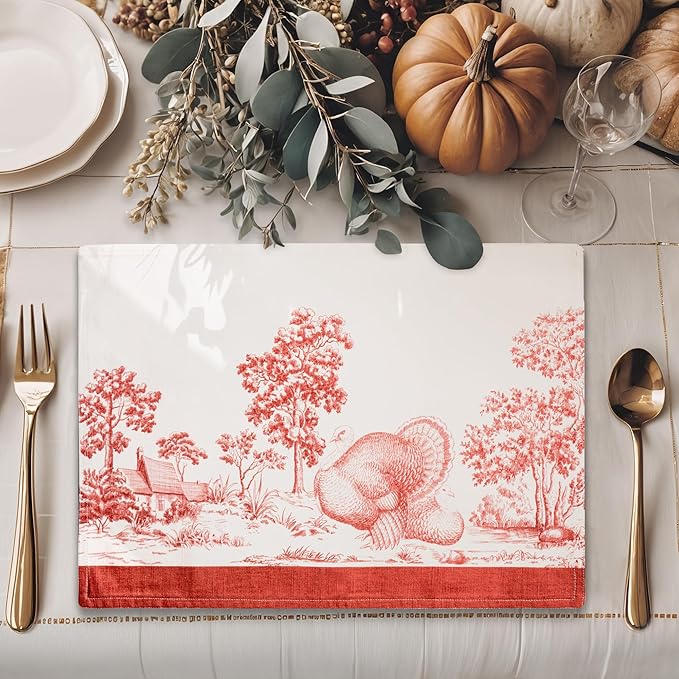 Maison d' Hermine Placemats Set of 4 100% Cotton Washable Cloth Place Mats, Reusable Table Mats for Thanksgiving Christmas Decorations Kitchen Dining Party Wedding (Holy Jouy - Red, 13" x 19")