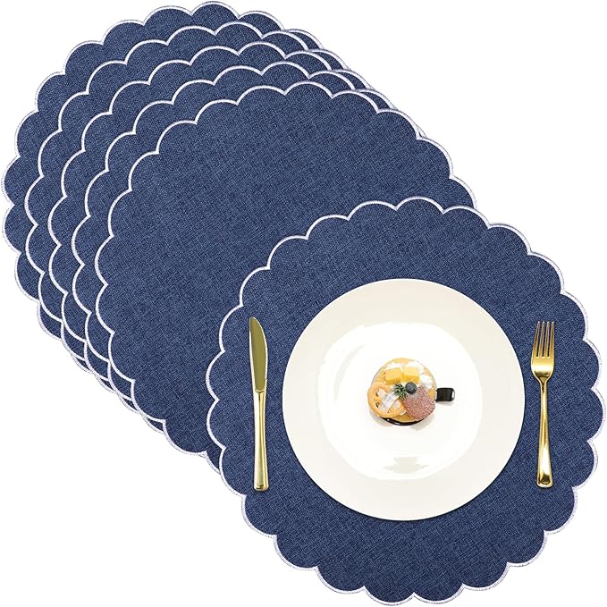 Set of 6 Round Placemats 15 Inch Cotton Scalloped Embroidery Placemat Washable Double Layered Rustic Dinner Table Mat Decor Fabric for Hotel Restaurant Kitchen(Navy Blue/White,Classic)